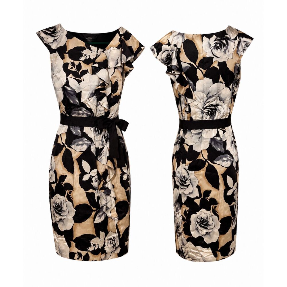 White House Black Market Silk Floral Dress Size 2 Black Beige Ruffle Cocktail